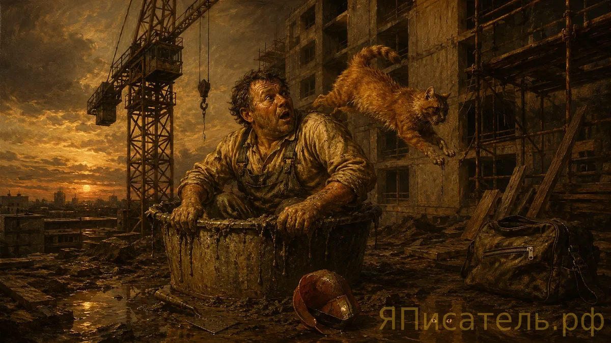 Кран, кот и бетонная плита